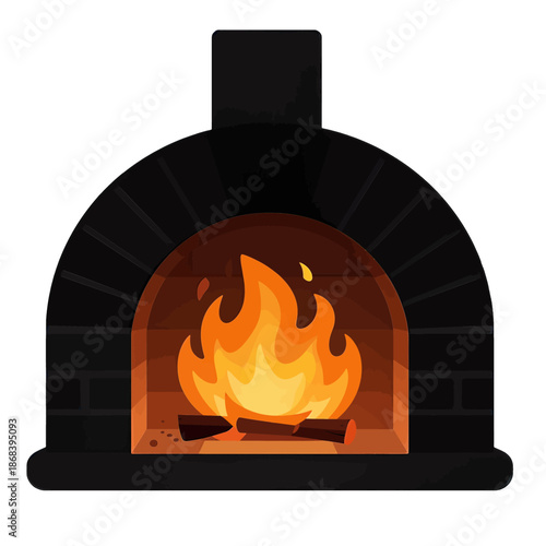 Wood-fired oven with burning logs and flames inside