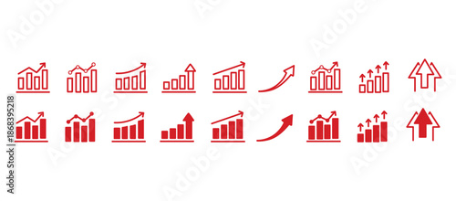 Growth icon set. Containing arrow up, growing graph, business chart icons. Vector illustration.