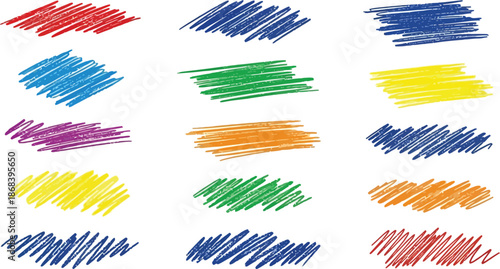 Set of colorful crayon brush strokes. Hand-drawn chalk underline and highlight elements for emphasis. Rough kid's scribble texture for design accent.