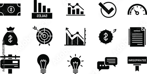 business managemet icon collection set. Containing strategy,planning,leadership,organization,finance,marketing,operations,governance,efficiency,innovation icon. dual tone vector