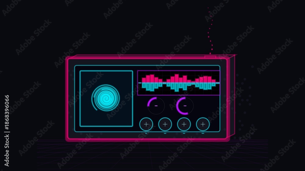 Fototapeta premium Cyberpunk Futuristic Signal Control Device Interface with Neon Audio Waveform, Holographic Dial and Wireless Transmission