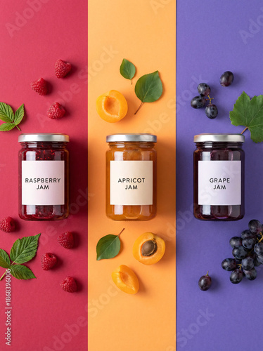 Jars of assorted fruit jams displayed on vibrant colored backgrounds with fresh fruits and leaves scattered around.