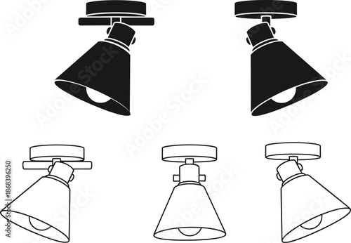 Ceiling spotlight icon set vector illustration, modern adjustable lamp symbols, black and white lighting fixtures, interior design, stage, studio illumination elements