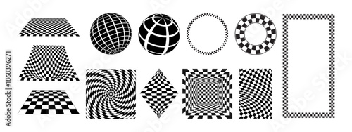 Set of chessboards planes, checkered figures and frames isolated on white background. Surfaces and forms with black and white checkerboard print. Vector graphic illustration