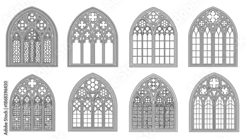 Set of gothic style arched windows for architectural design elements