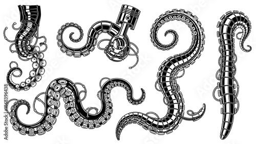 Mechanical octopus tentacles illustrations isolated on white background