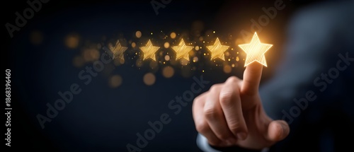 Customer service concept, Businessman hand choose 5 star rating for best satisfaction with satisfaction, correct, review, survey, rating, client