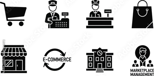 Shopping and e-commerce solid icon set, including cart, online security, delivery, store, tag, global internet, payment, and shopping bag icons, vector cartoon illustration