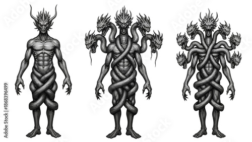 Fantasy creature illustrations showcasing various forms and details in grayscale