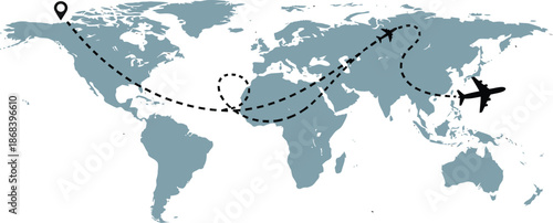 Plane routes over world map with markers or map pointers. Travel by airplane concept. Flight path. Vector illustration.