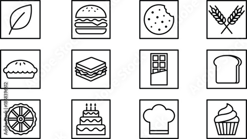 Set of vector black line icons featuring bakery products bread cake cookies burger and chef hat isolated on white background