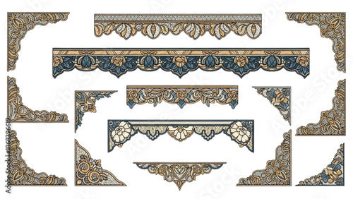 Ornate border illustrations featuring floral and geometric patterns in a classical design on a white background from a frontal viewpoint