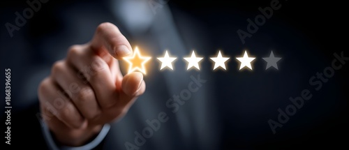 Customer service concept, Businessman hand choose 5 star rating for best satisfaction with rating, client, evaluation, correct, satisfaction, review