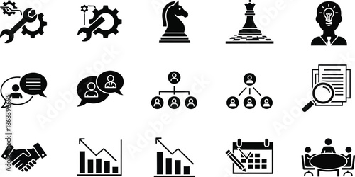 set of human resource organization management with gear setting icon set teamwork structure hierarchy leadership diagram employee network