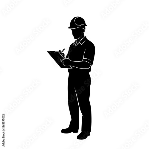Silhouette of a Construction Worker Taking Notes on Clipboard.