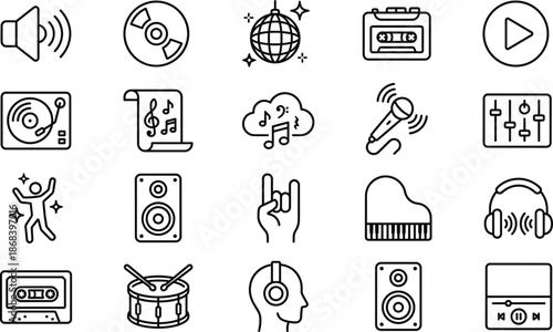 Set of vector black line icons featuring music audio entertainment symbols including instruments speakers and recording equipment isolated on white background