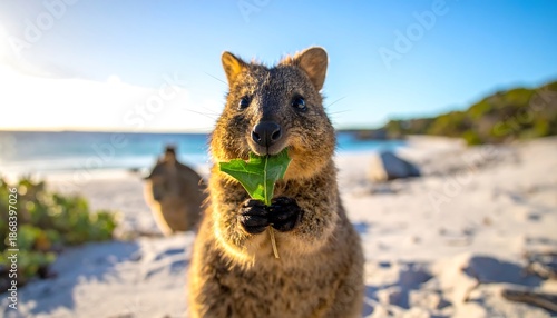 Quokka Eating Leaf on Sandy Beach.