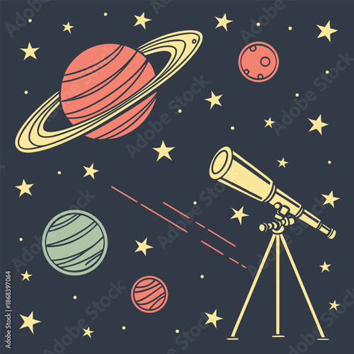 Outer space background with planets, stars, and telescope, cosmic exploration theme in line art style, astronomy elements vector illustration