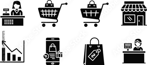 Shopping and e-commerce solid icon set, including cart, online security, delivery, store, tag, global internet, payment, and shopping bag icons, vector cartoon