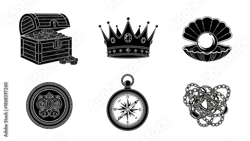 Treasure chest crown pearl coin compass and chain icons isolated design elements