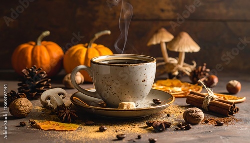 Cozy Autumnal Coffee Setup with Pumpkins and Mushrooms.