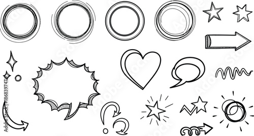 Set of black hand drawn anime manga doodle grunge line elements curved charcoal, chalk arrows, speech bubble, abstract shapes, graphic effects for character emotion.