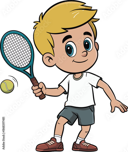 Cute cartoon boy playing tennis with racket and ball, smiling child athlete illustration for sports, kids activity, fitness fun concept