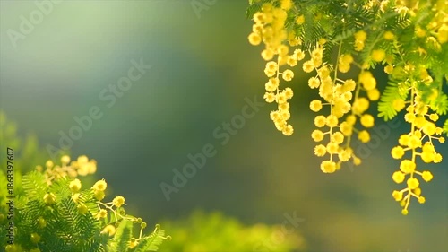 Mimosa spring flowers nature background, Easter backdrop. Blooming mimosa tree over sunset sky. Yellow flower border art design with sun. Slow motion. Frame design 