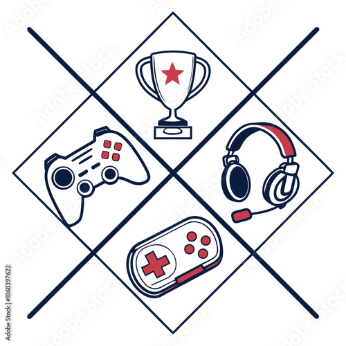 collection of gaming icons including trophy controller headphones and gamepad symbolizing fun competition and victory in virtual worlds for digital art and design projects