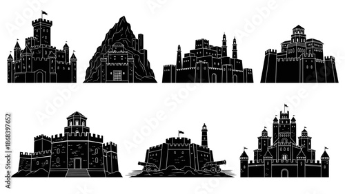 Silhouette collection of castles and fortresses against a white background