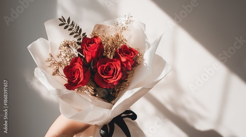 A close-up of a vibrant red rose bouquet with dried daisies and foliage wrapped in white paper and a black bow, casting soft shadows from window light on a plain background.