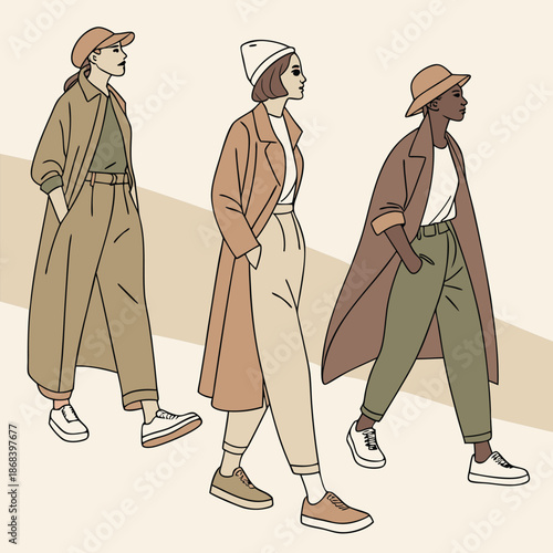 three women walking fashionably in stylish autumn trench coats and hats showcasing diverse ethnicities and modern streetwear trends against neutral background