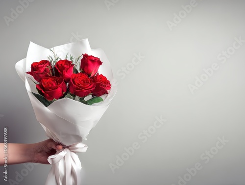 A hand gently holds a beautiful bouquet of red roses with green leaves, wrapped in white paper and a white ribbon, against a soft gray wall background for a romantic gift presentation.