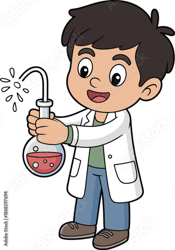 Cute cartoon boy scientist conducting chemistry experiment with flask, smiling child researcher illustration for education, science learning, laboratory concept kids