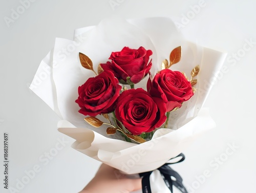 A stunning bouquet of four red roses with gold leaf accents, wrapped in white paper and tied with a black ribbon, isolated on a pure white background for a luxurious gift concept.