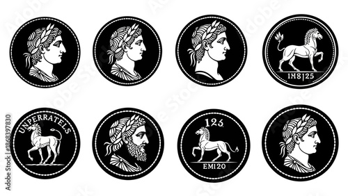 Historical medallions illustration collection on black background