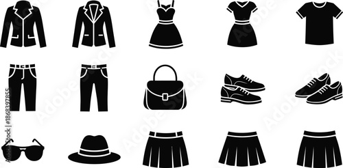 Simple silhouette clothing and apparel icon set for fashion