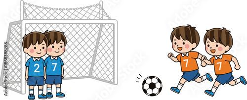 Cute cartoon kids playing soccer near goal, happy children football practice illustration for teamwork, sports training, school activity concept