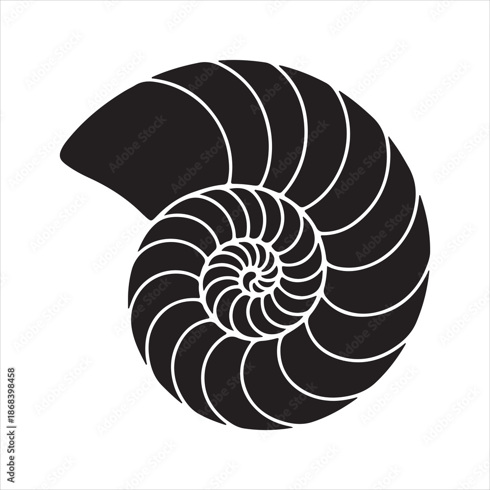 Obraz premium Black nautilus shell silhouette, Nautilus sea shell or spiral round snail shell, silhouette vector illustration 