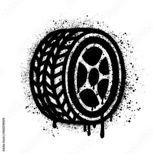 A hand-drawn graffiti-style drawing depicting a car wheel