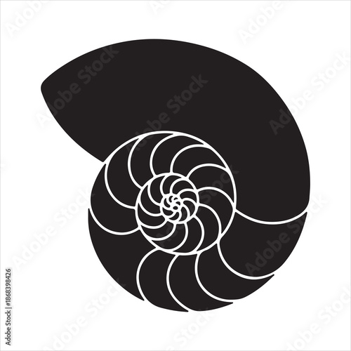 Black nautilus shell silhouette, Nautilus sea shell or spiral round snail shell, silhouette vector illustration 