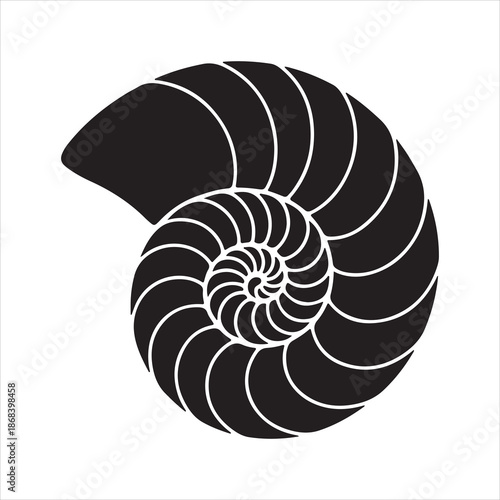 Black nautilus shell silhouette, Nautilus sea shell or spiral round snail shell, silhouette vector illustration 