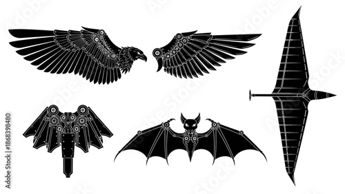 Steampunk aviary detailed black and white illustrations of robotic wings and creatures