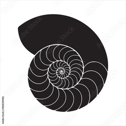 Black nautilus shell silhouette, Nautilus sea shell or spiral round snail shell, silhouette vector illustration 