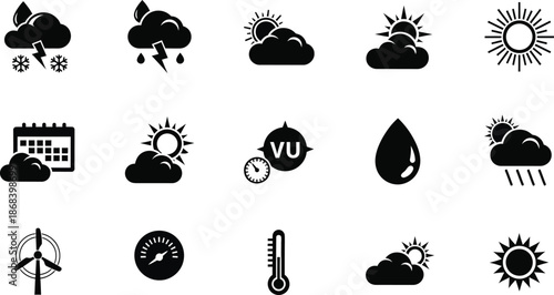 Weather forecast icon set vector illustration with sun, clouds, rain, thunderstorm, snow, wind, and moon symbols on transparent background, ordered weather elements