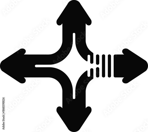Black icon of four arrows converging and diverging from a central point direction convergence