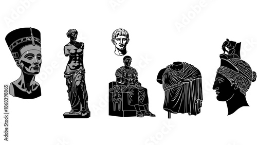 Ancient sculptures and statues silhouetted against white background