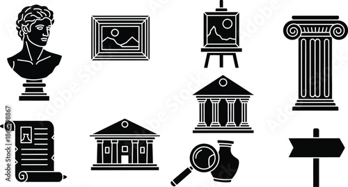 Urban Culture Icons. Outline icon set of urban cultural life: museum, art gallery, concert hall, theater mask