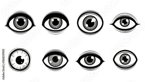 Stylized eye illustrations in black and white variations for design projects