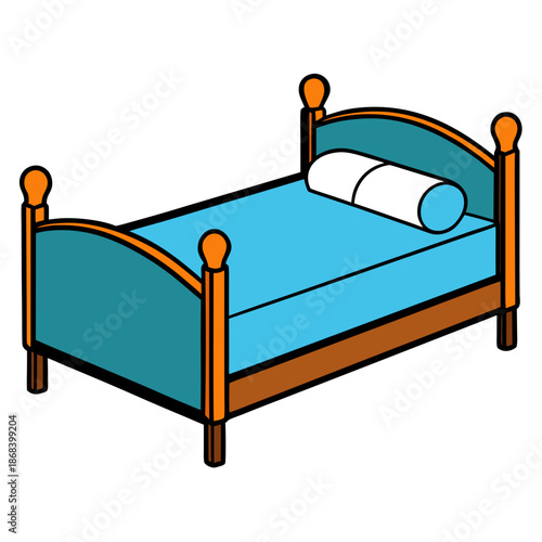 Simple wooden bed with blue sheets